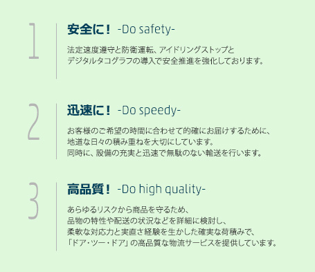 1 安全に! -Do safety- 法定速度遵守と防衛運転、アイドリングストップと デジタルタコグラフの導入で安全推進を強化しております。 2 迅速に! -Do speedy- お客様のご希望の時間に合わせて的確にお届けするために、地道な日々の積み重ねを大切にしています。同時に、設備の充実と迅速で無駄のない輸送を行います。 3 高品質! -Do high quality- あらゆるリスクから商品を守るため、品物の特性や配送の状況などを詳細に検討し、柔軟な対応力と実直さ経験を生かした確実な荷積みで、「ドア・ツー・ドア」の高品質な物流サービスを提供しています。
